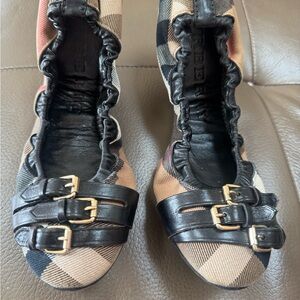 Burberry Beige Check Ballet Flats with Black Leather Straps and Gold Buckles